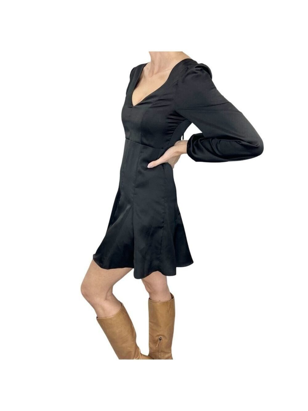 Simons TWIK black satin long sleeve fit and flare mini dress XS